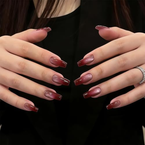Tastetreasure 24 Pcs Burgundy Ombre Press on Nails Coffin Shape, Glossy Wine Red Cat Eye Fake Nails Long, Luxury Glue on Nails Kit with Jelly Glue, Nail File and Wood Stick for Women DIY Manicure