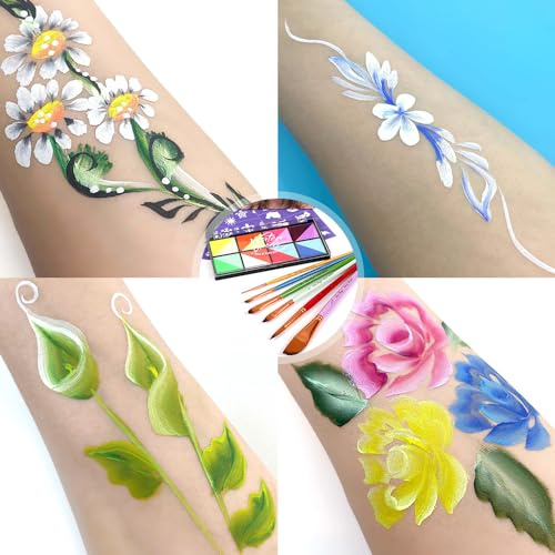 petjoyful Ensemble de palettes de peinture aquarelle professionnelles pour le visage, gâteaux fendus, plusieurs couleurs, ensemble de 6 pinceaux, sans danger et activés par l'eau, (avec 6 pinceaux)