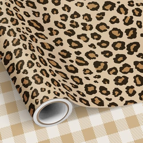 Neloheac Braun Leopardenmuster Geschenkpapier, Wendbare Kariert Design Geschenkpapierrolle 43 cm x 10 m für Frauen Geburtstag, Hochzeit, Valentinstag, Brautparty