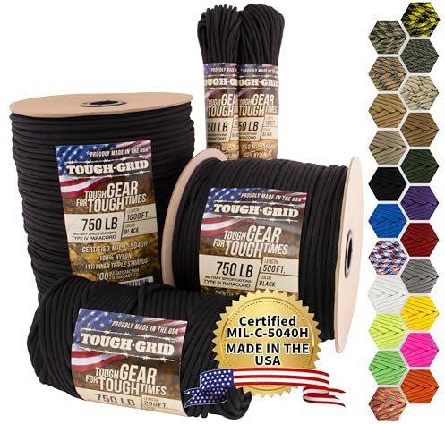 TOUGH-GRID PC100 340kg Paracord - 100% Nylon Militärspezifikationen Typ IV - für Militär, Camping, Kunsthandwerk, Hängematten, Notfälle - Schwarz