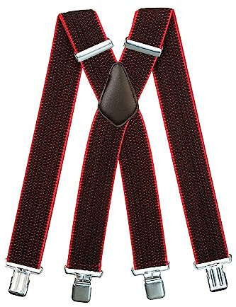 Olata Extra Breite Hosenträger für Herren – 5 cm breit, Robust und Verstellbar mit Stabilen Clips, Ideal für Arbeit und Elegante Outfits. Schwarz/Rot (Silber Clips)