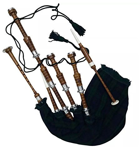 Schottischer Dudelsack aus Palisanderholz, natürliche Farbe, mit silberfarbenen Halterungen, inklusive Anleitungsbuch, Tragetasche, Drohne, Schilfrohr (schwarze Uhr)