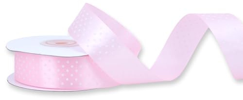 Satinband mit Punkten 25mm x 25m Rolle - FARBAUSWAHL in 12/25mm - farbecht & waschbar - Schleifenband für Hochzeit - Geschenkband zum Verpacken Dekorieren Basteln - Hellrosa 150
