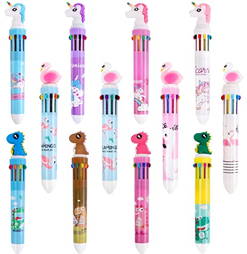 12 Stück Retractable Kugelschreiber Dino, 10 in 1 Kugelschreiber Mehrfarbig, Kawaii Mehrfarbiger Kugelschreiber Multicolor Stifte für Büro Schulbedarf Studenten Kinder Geschenk