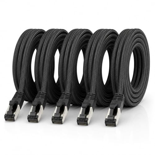 1aTTack.de 5x 1m Cat6a Netzwerkkabel Baumwolle RJ45 10 Gbit/s Schwarz | 500 MHz Ethernet LAN-Patchkabel mit Baumwollmantel; RJ45, 10 Gbit/s, für Router, Switch, PC, Gaming, Smart TV und NAS