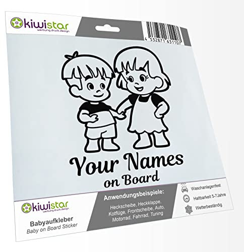 Kiwistar - Babyaufkleber - Schwarz - Geschwister Junge Mädchen Sticker - mit Wunschtext individuell personalisiert + Baby on Board 15cm - für Auto, Motorrad, Tuning - Aufkleber selbst gestalten