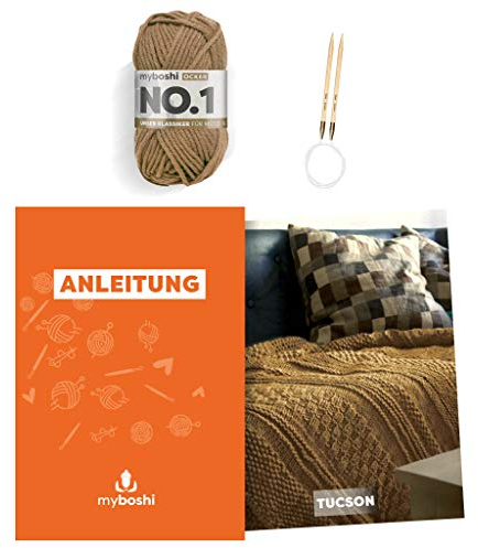 myboshi Strickset Decke Tucson, inkl No.1 Wolle, Nadel und Anleitung, Home, DIY-Strickpaket, 30% Merinowolle Braun mit Rundstricknadel