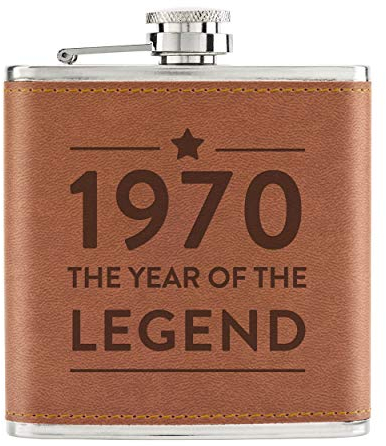 Personalised 6oz PU Leather Hip Flask Tan The Year of The Legend Birthday 18th 21st 30th 40th 50th 60th 70th 80th