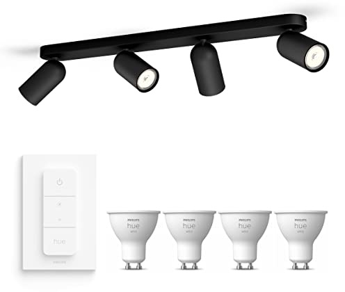 Philips Hue Pongee Aufbaustrahler (Schwarz) - Warmweißes Licht - inkl. Hue Dimmschalter - Deckenstrahler 4 Flammig - GU10 - Hue White