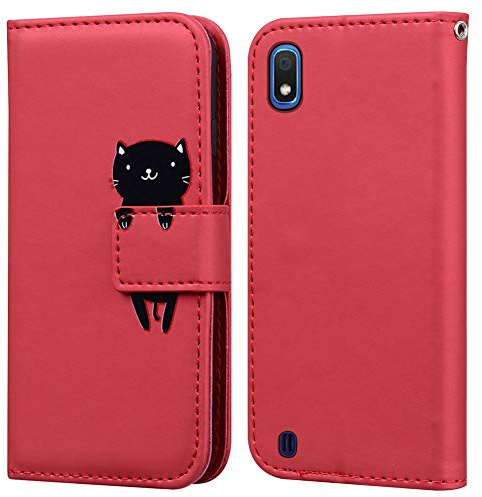 Ailisi Coque pour Samsung Galaxy A10, Mignon Cartoon Animal Chat Etui Portefeuille en Cuir PU Housse avec Fonction Stand, Fermeture Magnétique, Emplacements de Cartes -Rouge foncé