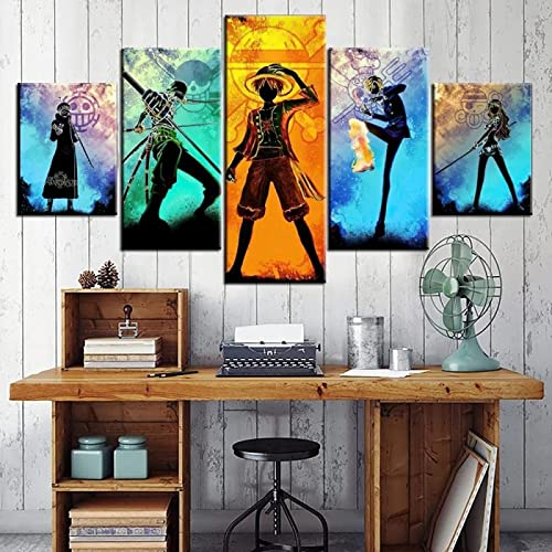 MPPSU One Piece Anime Poster Kunstdrucke Modular Wandkunst Modern Wanddekoration Wandbilder Wohnzimmer Leinwandbild 5 Teiliges Poster Set XXL Bilder Kreatives Geschenk Mit Rahmen 150 * 80cm