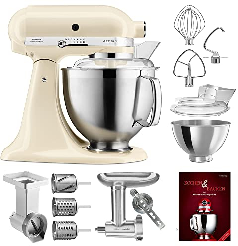 KitchenAid Küchenmaschine Artisan - P23 Vario Set Deluxe 185er (AM) - 5KSM185PSEAC inkl. Gemüseschneider (MVSA), Fleischwolf Ganzmetall (5KSMMGA) und Kochbuch (Kochen & Backen)