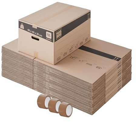 Pack and Move – Packung mit 60 Umzugs-Aufbewahrungsboxen M – 60 x 40 x 30 cm – verstärkte Griffe – 3 gratis Kleber