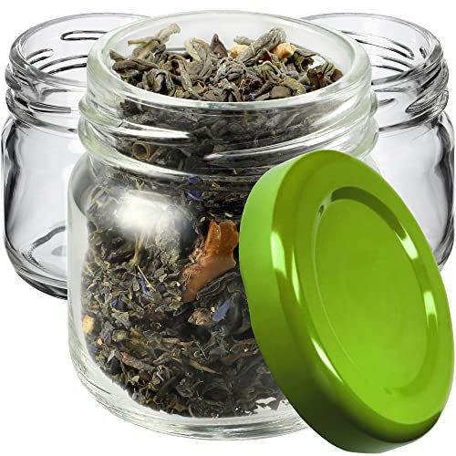 KADAX Lot de 100 mini bocaux ronds en verre de 40 ml avec couvercle à visser, bocaux à essai, pots à confiture, petits pots à miel, bocaux ronds (couvercles verts)