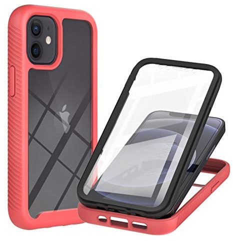 iPhone 12 Mini Case with Built-in Screen Protector, 360 Full Body Protective Cover Heavy Duty Anti-Scratch Shockproof Slim Silicone Bumper Clear Phone Case for iPhone 12 Mini 5.4, Red