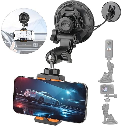 Heavy Duty Super Φ90mm Suction Cup + Adjustable Dual-Ball-Head Action Camera Dash Cam Phone Car Mount Windscreen Window Cockpit Holder for GoPro insta360 iPhone Hi-Speed Video Recording (1.5kg Load)