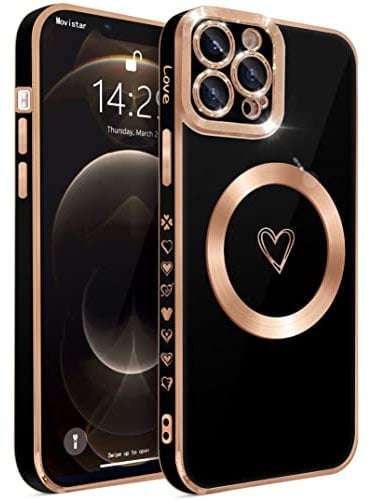 ECZOIL Compatible with iPhone 12 Pro Case MagSafe,Full Camera Lens Protection Luxury Electroplated Cute Heart Magnetic Case for iPhone 12 Pro for Women Girls-Black