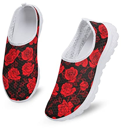 Kuiaobaty Damen-Schlupfschuhe, atmungsaktiv, Laufschuhe, Outdoor, flach, Loafer, Netz-Sneaker, athletischer Tennis, Walking-Turnschuhe, Rote Rosen, 39 EU