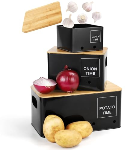Lannvan Boite Pomme de Terre, Lot de 3 Rangement Pomme de Terre, Boite Oignon, Boite Ail, Boîte de Conservation avec Couvercle en Bois, Boite Rangement Cuisine (Noir)
