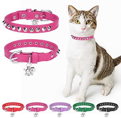 DILLYBUD Leder-Katzenhalsband für Jungen, Mädchen, Katzen, mit Glöckchen und elastischem Sicherheitsgürtel, personalisierte Nieten, verstellbare sichere Schnalle, Halsband mit Totenkopf-Anhänger für