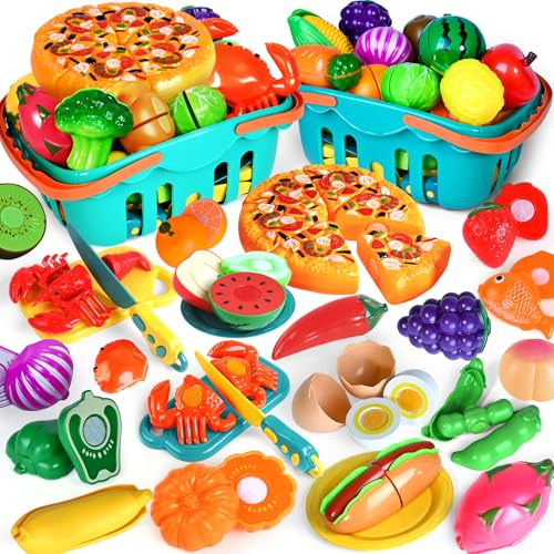 100 PCS Cutting Play Food Toy for Kids Kitchen, Pretend Food Toys for Toddlers, Play Kitchen Toys Accessories with 2 Baskets,Fake Food/Fruit/Vegetable, for 3 4 5 Years Old Boys Girls
