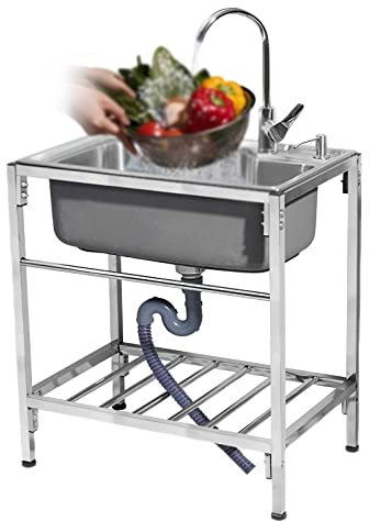 WORDFUN Lavello da Cucina in Acciaio Inox, Lavandino Commerciale Piscina Singola Indipendente, Lavandino Esterno Inox con Rubinetto, Lavamani Industriale Lavello Professionale, Facile da Installare