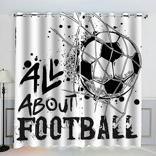 AKATIE Football Rideau Occultant Lot de 2 Chambre Enfant Fille Garcon 3D Impression Foot Noir Et Blanc Motif Rideaux Acoustiques Opaque Petites Fenêtres Décoration (140x160 cm)