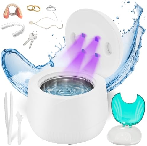Mxmoonant Limpiador Ultrasónico UV para Alineador de Dentaduras, Máquina de Limpieza Diaria para Aparatos de Higiene Bucal, Más un Estuche Portátil para Alineador y Un Mini Cepillo