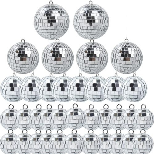 KAREZONINE 30 Stück hängende Discokugel Ornamente, Spiegelkugel Dekoration in verschiedenen Größen, reflektierende Mini-Discokugel für 70er Jahre Disco-Mottoparty, Weihnachten, Valentinstag, Hochzeit
