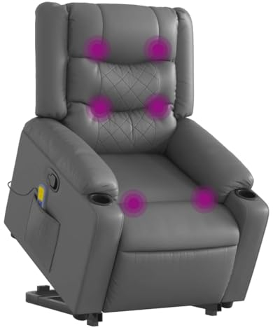 vidaXL Massagesessel, Sessel mit Aufstehhilfe, Relaxsessel mit Liegefunktion Vibrationsfunktion, Fernsehsessel Liegesessel Aufstehsessel, Grau Kunstleder