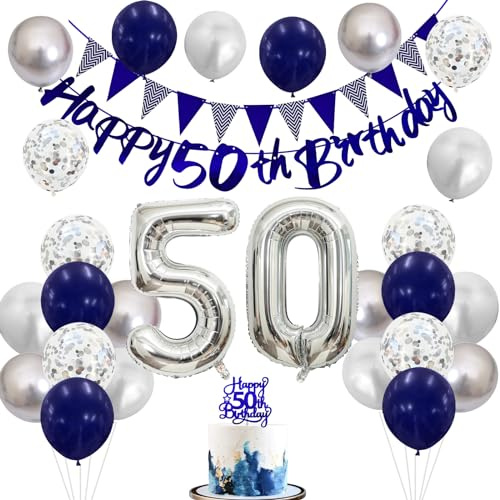 50th Birthday Decorations for Men, Navy Blue Silver 50th Balloons with 50 Banner Cake Topper Decor Number 50 Balloon for Women Birthday 50th Party Decoration