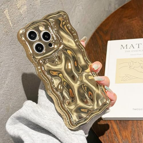 ekoneda for iPhone 13 Pro Case, Cute Stylish Glossy Bubble Wave Design, Silicone Women Girl Glitter Curly Wavy Aesthetic Protective Cover for iPhone 13 Pro Phone Case, Shiny Gold
