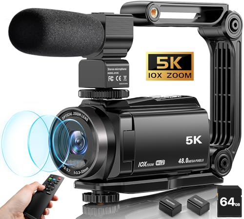Ahlirmoy 5K Video Camera Camcorder, 10X Optical Zoom 48MP 30FPS Vlogging Camera for YouTube WiFi IR Night Vision Recorder Cameras for Photography Vlog Camera, Remote Control, 2 Batteries