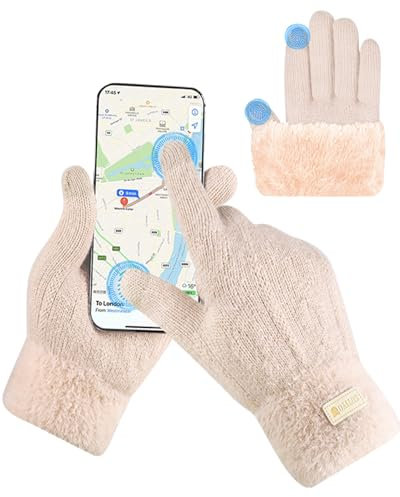 SUTIYO Damen Winterhandschuhe mit Fleecefutter Touchscreen Handschuhe Wollhandschuhe Strickhandschuhe Thermohandschuhe Warme, dicke, winddichte Handschuhe Outdoor (Beige)