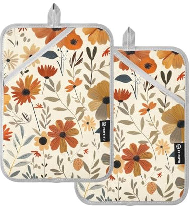 Set di 2 presine resistenti al calore, per cucina, fiori e foglie autunnali, set di presine da forno con tasche per la cottura quotidiana della cucina