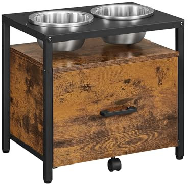 Feandrea Hundenapf erhöht, für große Hunde, Futternapf mit Gestell, erhöhter Fressnapf mit Schublade, Futterstation, 2 Schüsseln, 39 cm hoch, vintagebraun-schwarz PRB101X01V1