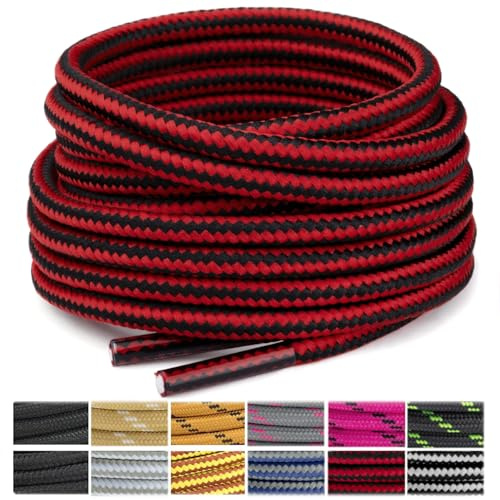 Stepace Lacets Ronds pour Bottes [2 Paires] Lacets Renforcés et Résistants pour Bottines, Chaussures de Randonnée, Chaussures de Travail Black Red-70(Stripe)