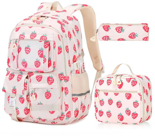 Amythe Schulrucksack Mädchen 3er-Set, Große Rucksack Teenager Mädchen Schultasche 3. - 9. Klasse, Wasserdicht Ranzen Kinder School Bag für Schule Reisen, Beige