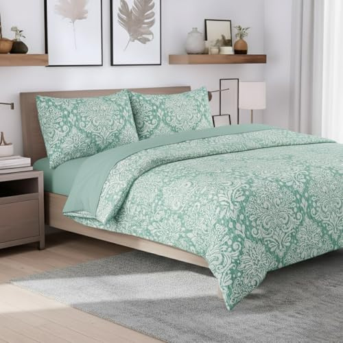 ZIYA HOMES King Size Duvet Cover Set Polycotton 3 Piece - Printed Reversible Bedding, Soft Easy Care Quilt Cover with Pillowcases (Royal Damask Green, 230x220 cm)