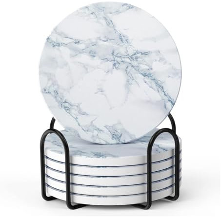 Drink Coasters Set of 6 - Marble Style Ceramic Round Coaster, Coasters with Holder and Cork Base, Ceramic coaster suitable for all kinds of cups, gift, for Women Men Home Decor, 4 ''