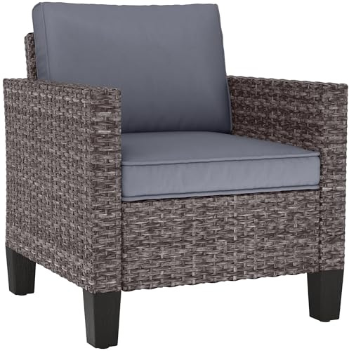 Outsunny Single Seater Rattan Garden Armchair, PE Wicker Rattan Chair with Armrests and Cushions, Garden Chair with Galvanised Steel Frame for Conservatory, Porch, Dark Grey