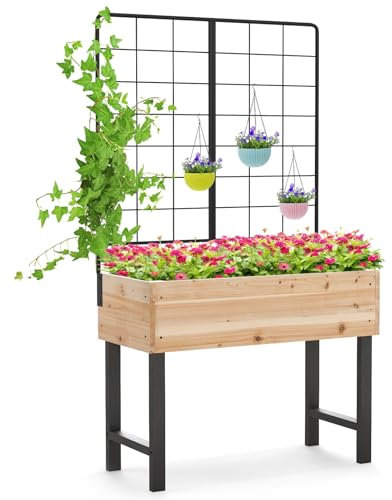 COSTWAY Jardinera Elevada con Enrejado Metálico, Jardinera con Celosía, Drenaje, Huerto Urbano de Madera con Patas, Cama de Jardín Elevada para Plantas Trepadoras, Flores, 79 x 35 x 108 cm