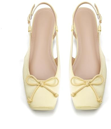 Lhamo Latso Women's Ballet Flats Slingbacks Square Toe Bow Knit Dressy Flat Shoes with Ankle Buckles Satin