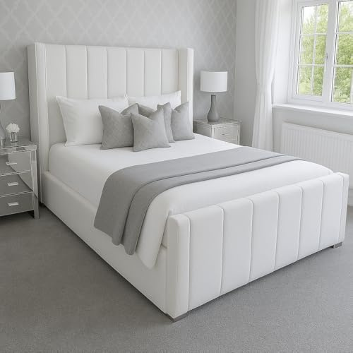 Attock Beds Plush Velvet Wing Panel Bed Frame with Optional Mattress & Ottoman Gas Lift Storage – Luxury Handmade Bed (White Plush, Double 4ft6 Bed Frame)