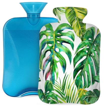 Entemne 2L Hot Water Bottle Monstera Leaves Hot Water Bag with Cover Reusable Therapy Bag for Pain Relief Menstrual Cramps, Muscle Soreness Winter Warmth Gift