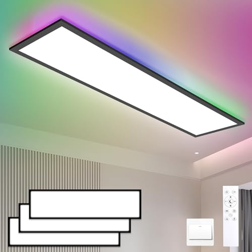 Oraymin 3 x LED Panel Deckenleuchte 120x30 RGB, LED Deckenlampe mit Fernbedienung, 40W 4400LM Deckenlampe Wohnzimmer mit Speicherfunktion, 3000K-6500K Deckenleuchte Flach, Schwarz