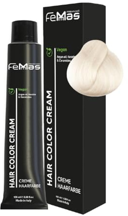 FemMas Haarfarbe Spezial Blond Ultra Asch 12.01S I Creme Haarfarbe mit Arganöl, Keratin & Ceramiden I Als dauerhafte Haarfärbung oder Tönung für strahlende, haltbare Farbergebnisse I 100 ml