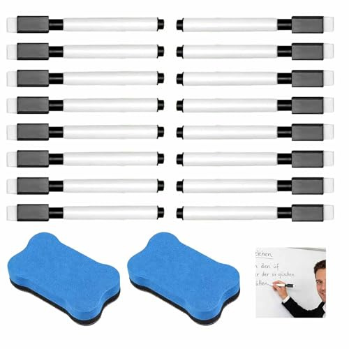 16 Stück Whiteboard Marker Magnetisch, Schwarz Folienstift Abwischbar mit 2 Blau Radierer Feiner Spitze Markierungsstifte für Zuhause Schule Büro Whiteboards Memoboard-Marker (11.5 * 1.2 cm)