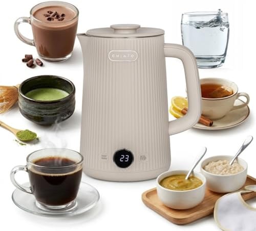 CHiATO Wasserkocher 1,7 L mit Temperaturwahl & Warmhaltefunktion – Elektrischer Edelstahl Wasserkocher 2200W, 6 Temperaturen 45–100°C, LED Display, Design Wasserkocher für Tee & Kaffee, Sand