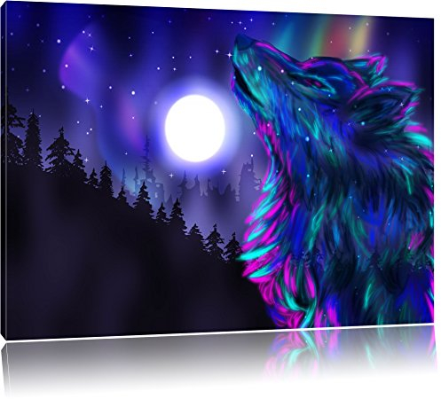 Pixxprint Abstrakter Wolf mit Mond, Größe: 60x40cm, Leinwandbild, fertig gespannt, Wandbild, Dekoration, Kunstdruck, kein Poster